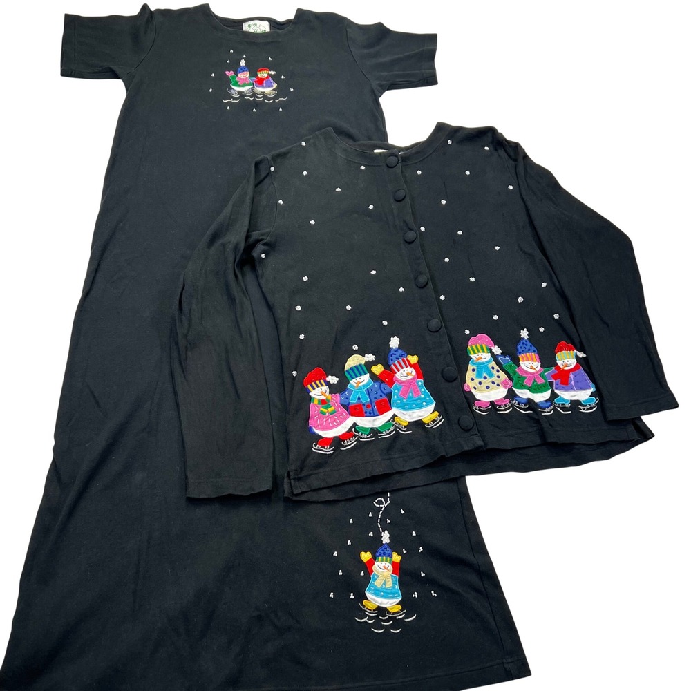 VTG Quacker‎ Factory Twin Set Winter Snowman S Cotton Jersey Maxi Dress Cardigan